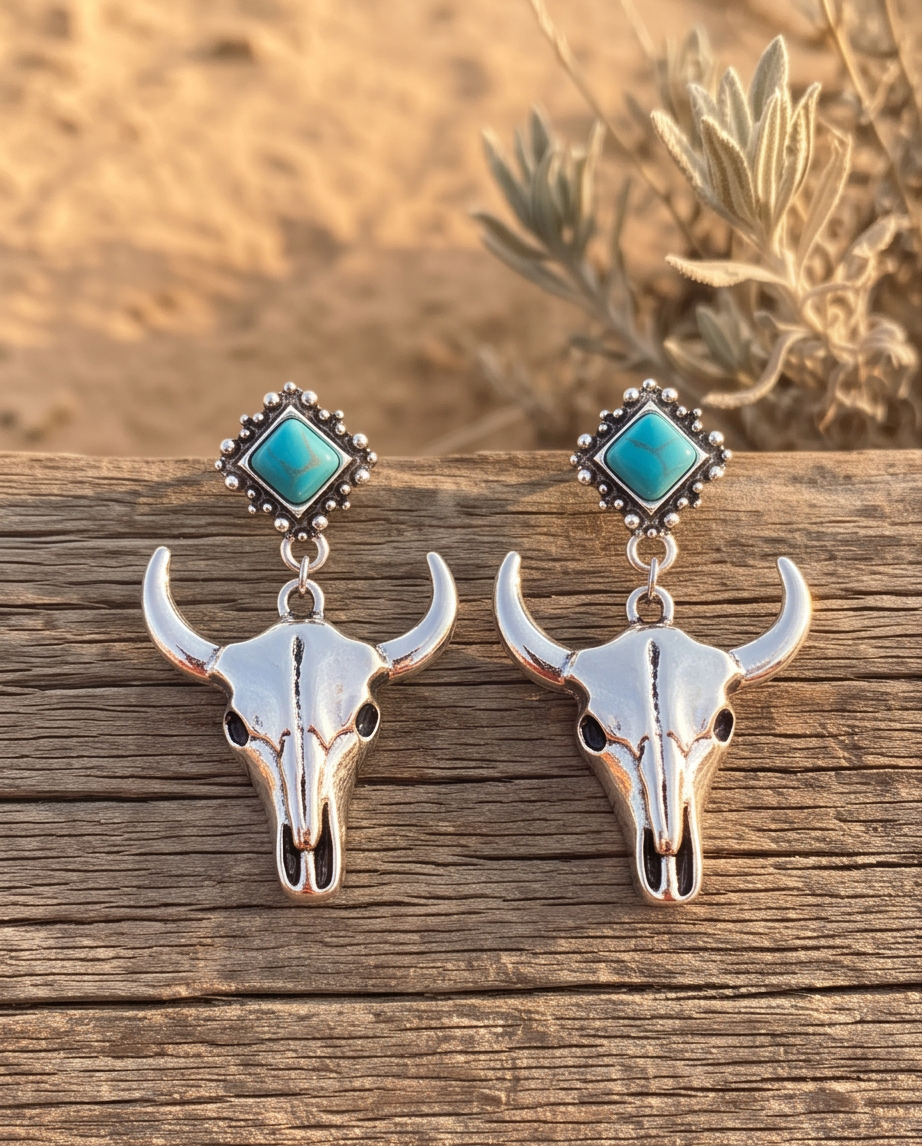 Silver turquoise bull skull drop earrings on rustic wood
