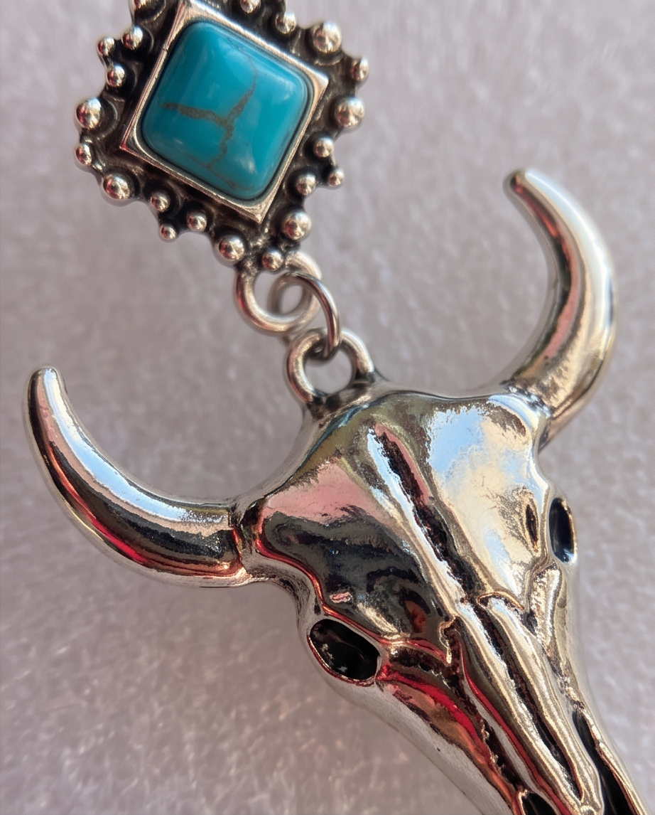 Close-up of turquoise stone stud and bull skull pendant