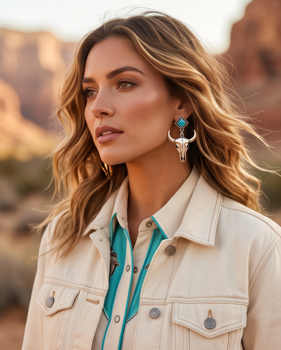 Model wearing silver turquoise bull skull earrings in desert setting
