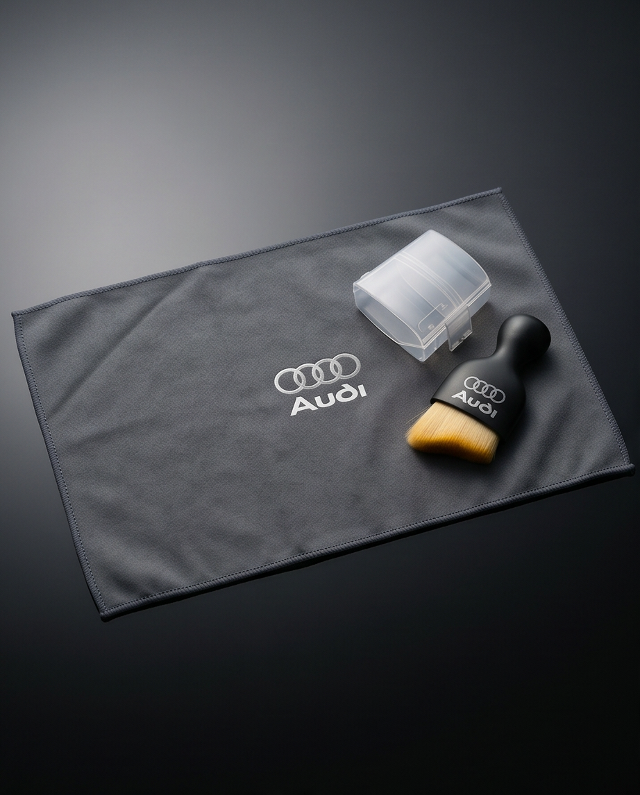 Audi Car Dashboard Cleaning Set — grey microfibre cloth, detailing brush and clear cap on Audi leather armrest