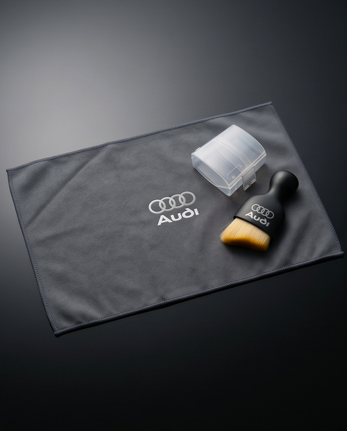 Audi Car Dashboard Cleaning Set — grey microfibre cloth, detailing brush and clear cap on Audi leather armrest