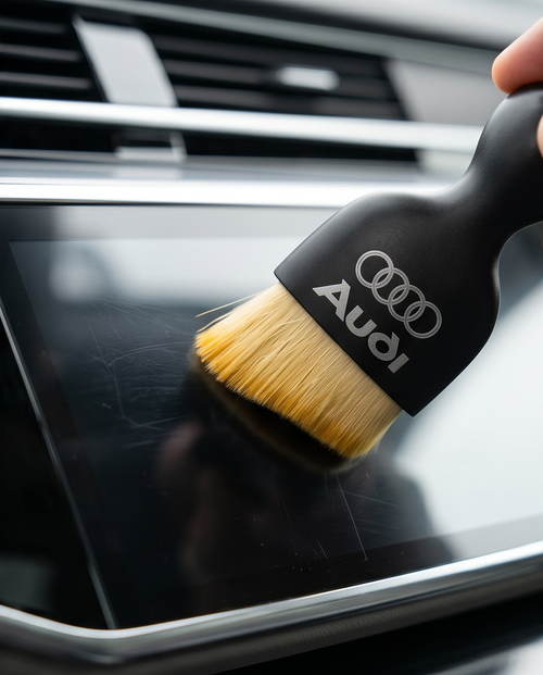 Hand placing Audi cleaning set into Audi centre console storage compartment