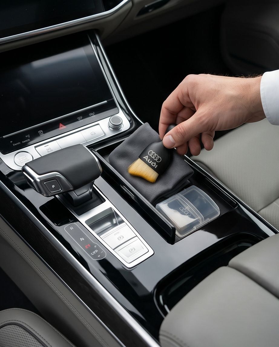 Audi detailing brush cleaning car touchscreen and air vents close-up