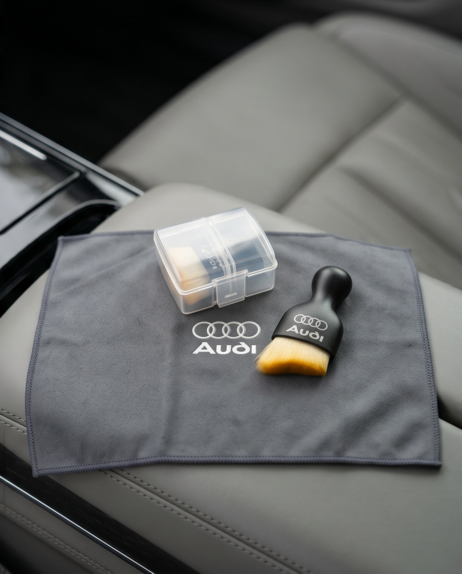 Audi Car Dashboard Cleaning Set flat lay — grey cloth, brush and cap on dark background