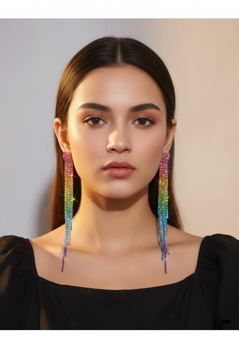 Rainbow Crystal Tassel Fringe Earrings