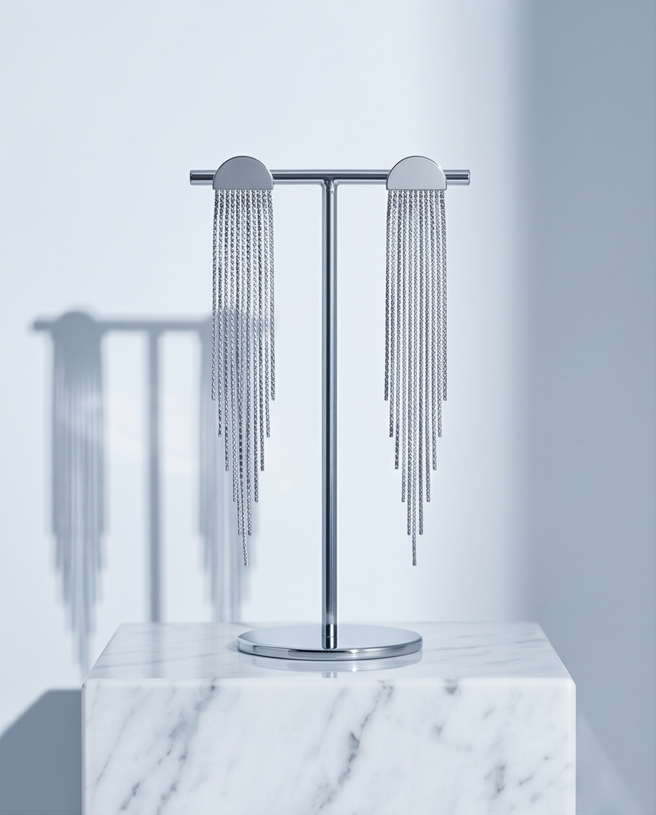 Silver half moon chain fringe drop earrings on marble jewellery stand
