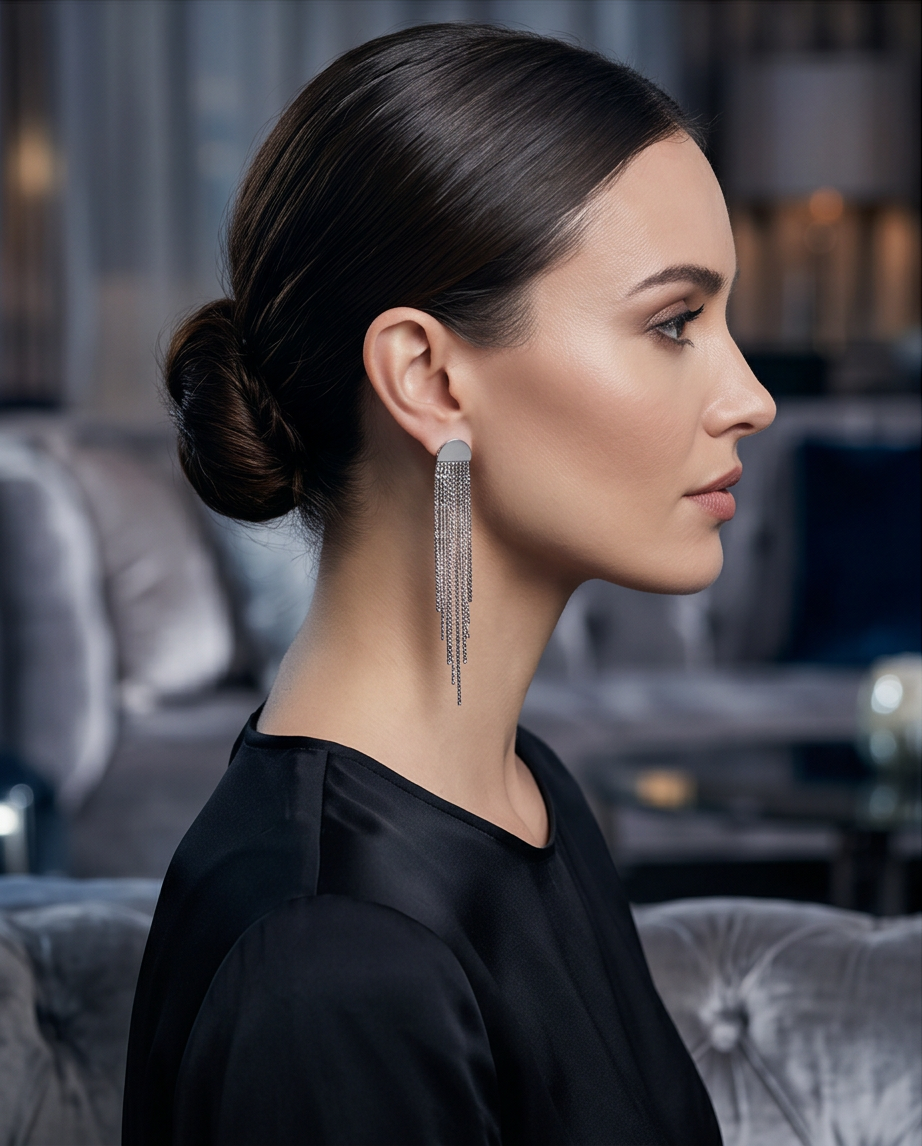 Model wearing silver chain fringe drop earrings with sleek updo in luxury setting