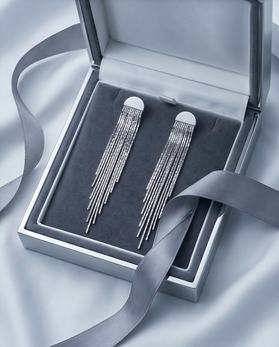 Silver half moon chain fringe drop earrings in silver jewellery box with ribbon