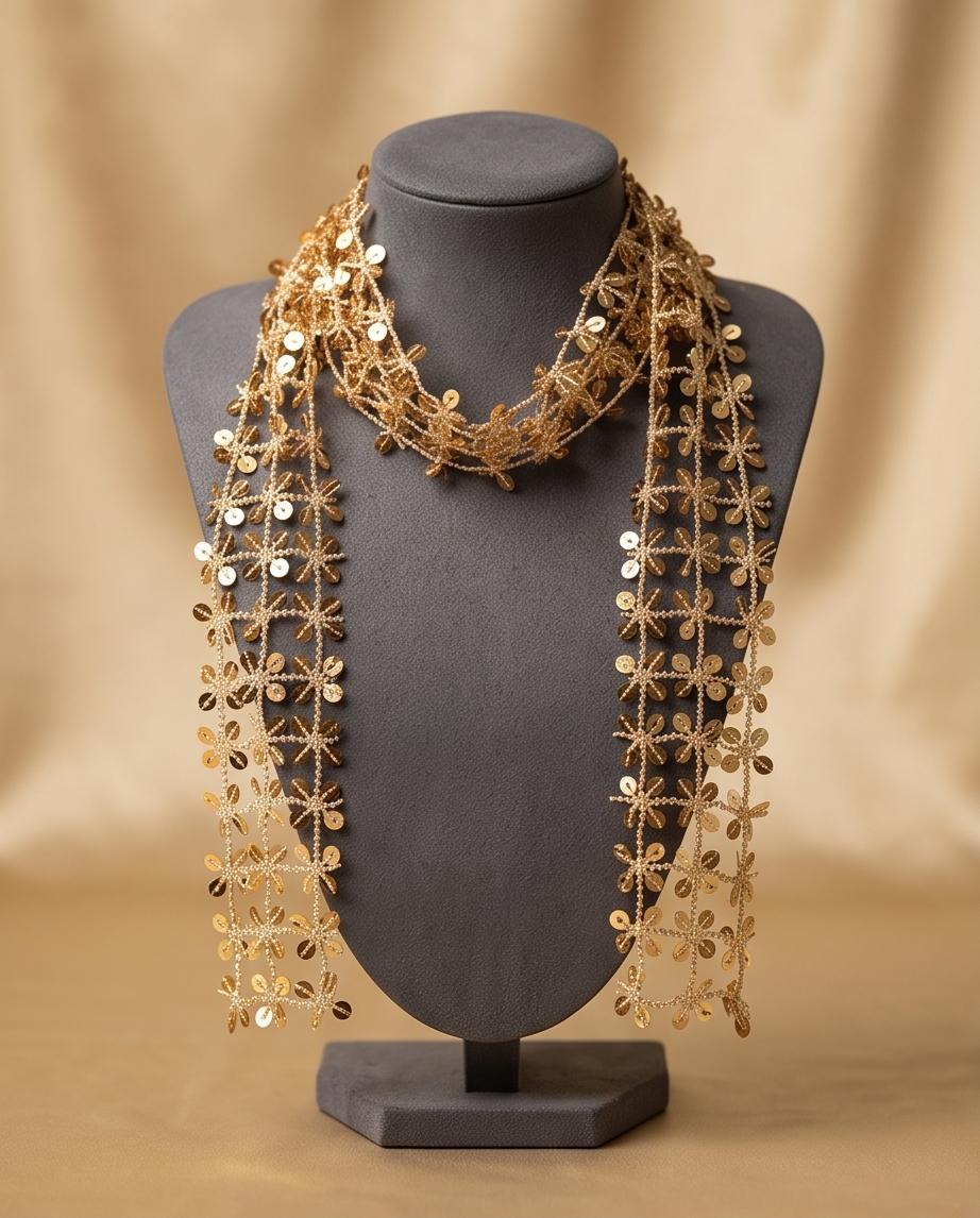 Gold sequin daisy mesh scarf choker necklace displayed on grey jewellery bust