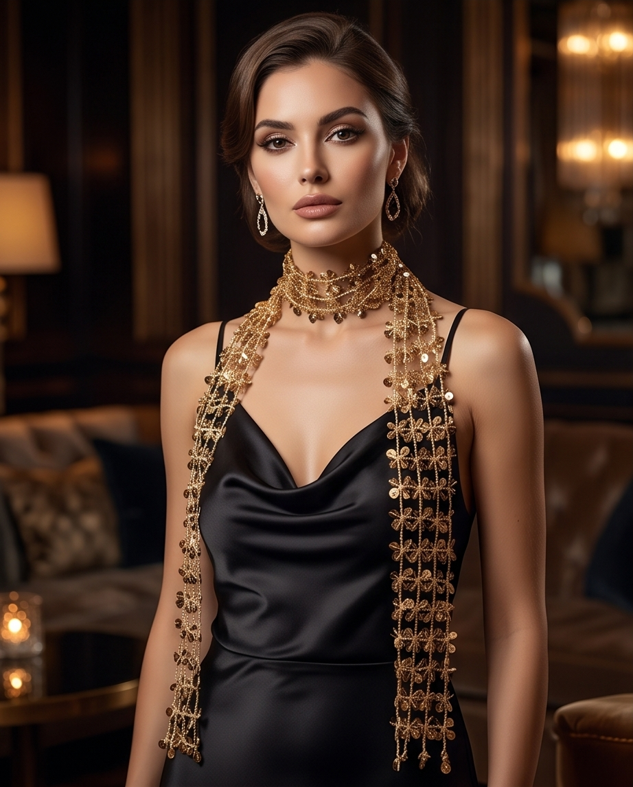 Close-up detail of gold daisy motifs and sequins on mesh scarf choker