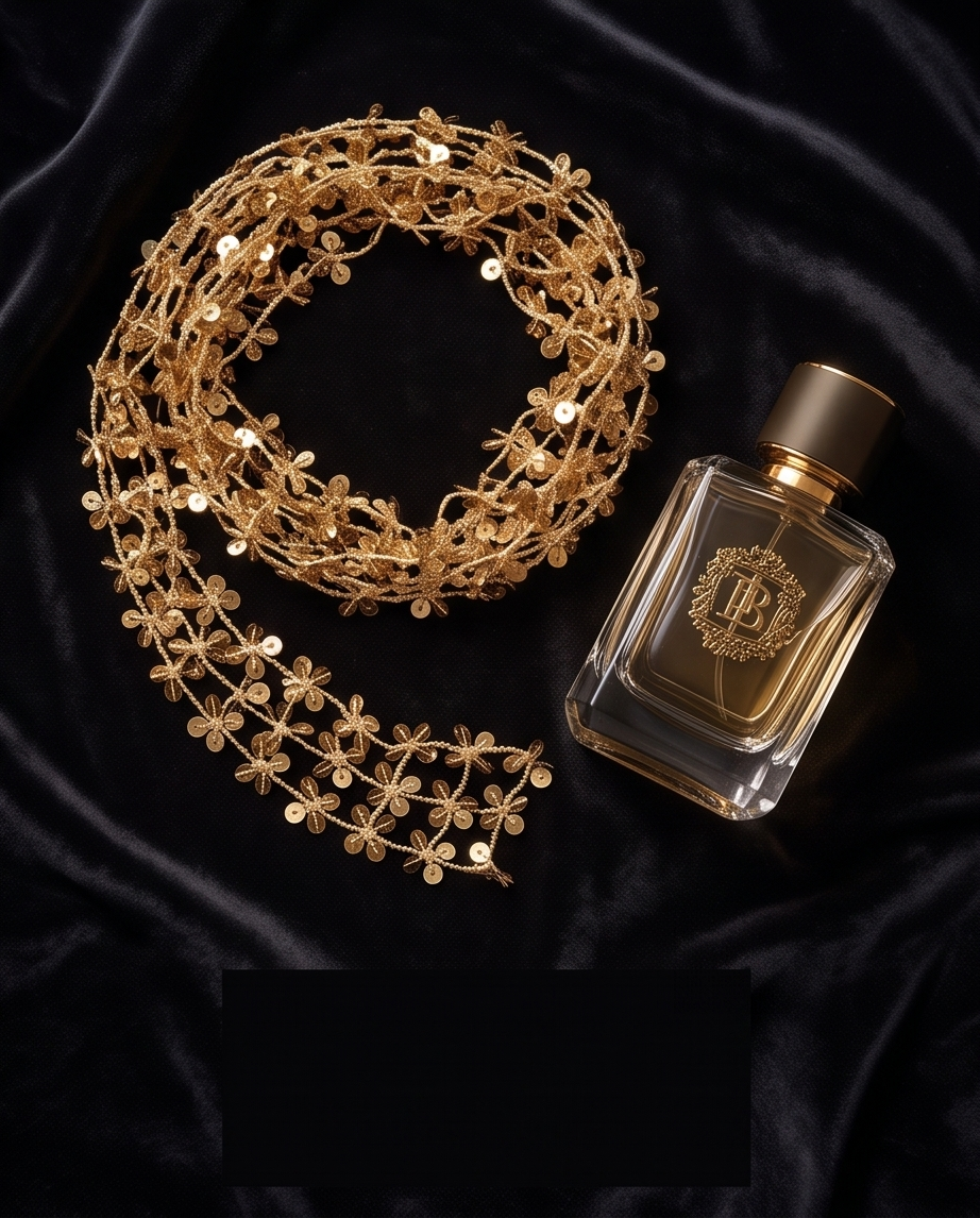 Gold sequin daisy mesh scarf choker coiled on black velvet next to perfume bottle flatlay
