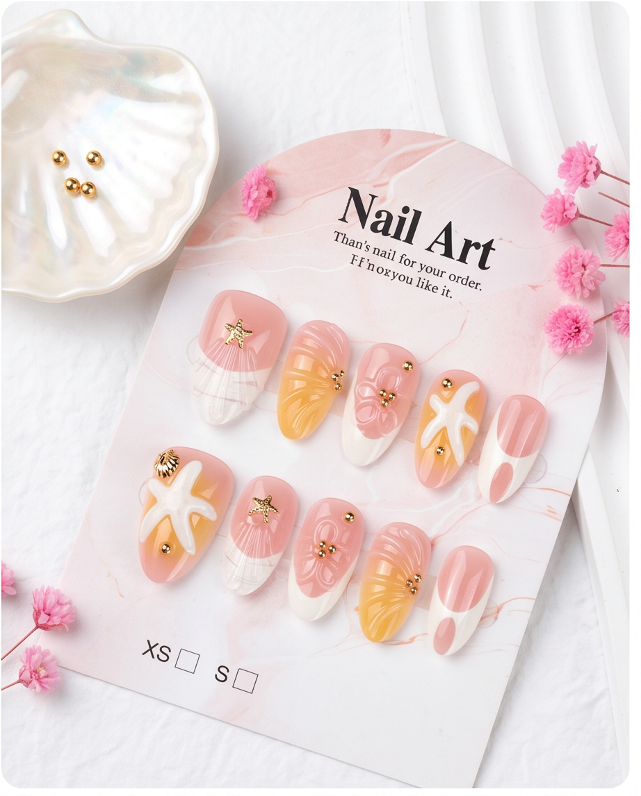 Ocean Dream press-on nails flat lay on marble tray