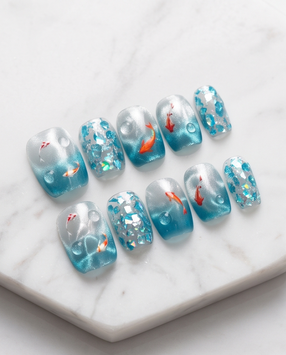 Koi pond glitter press-on nails displayed in teal velvet gift box with gold tool and brand card