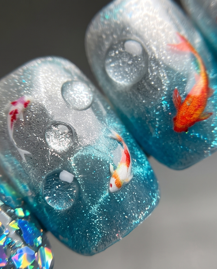 Koi pond press-on nails worn on model hand holding crystal glass outdoors
