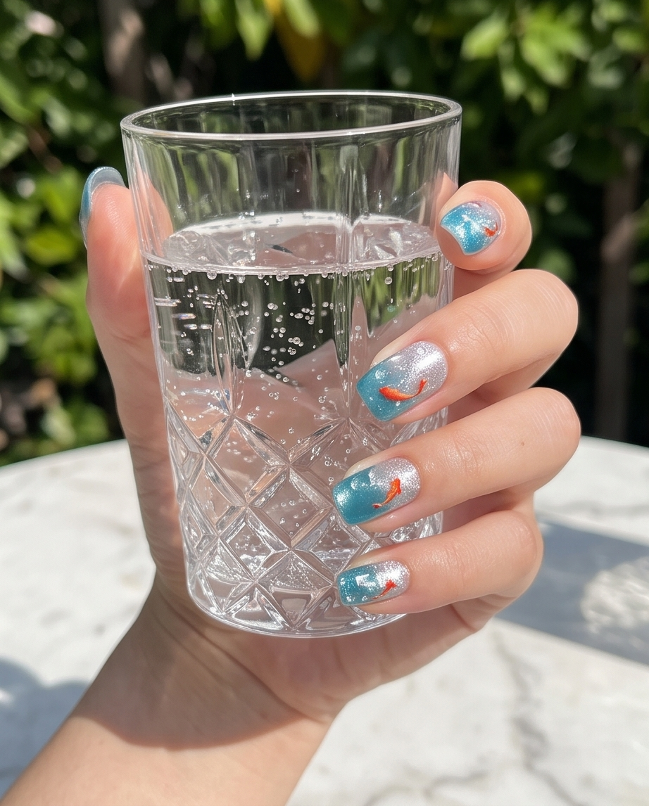 Close-up macro detail of koi fish and bubble nail art on teal glitter press-on nails