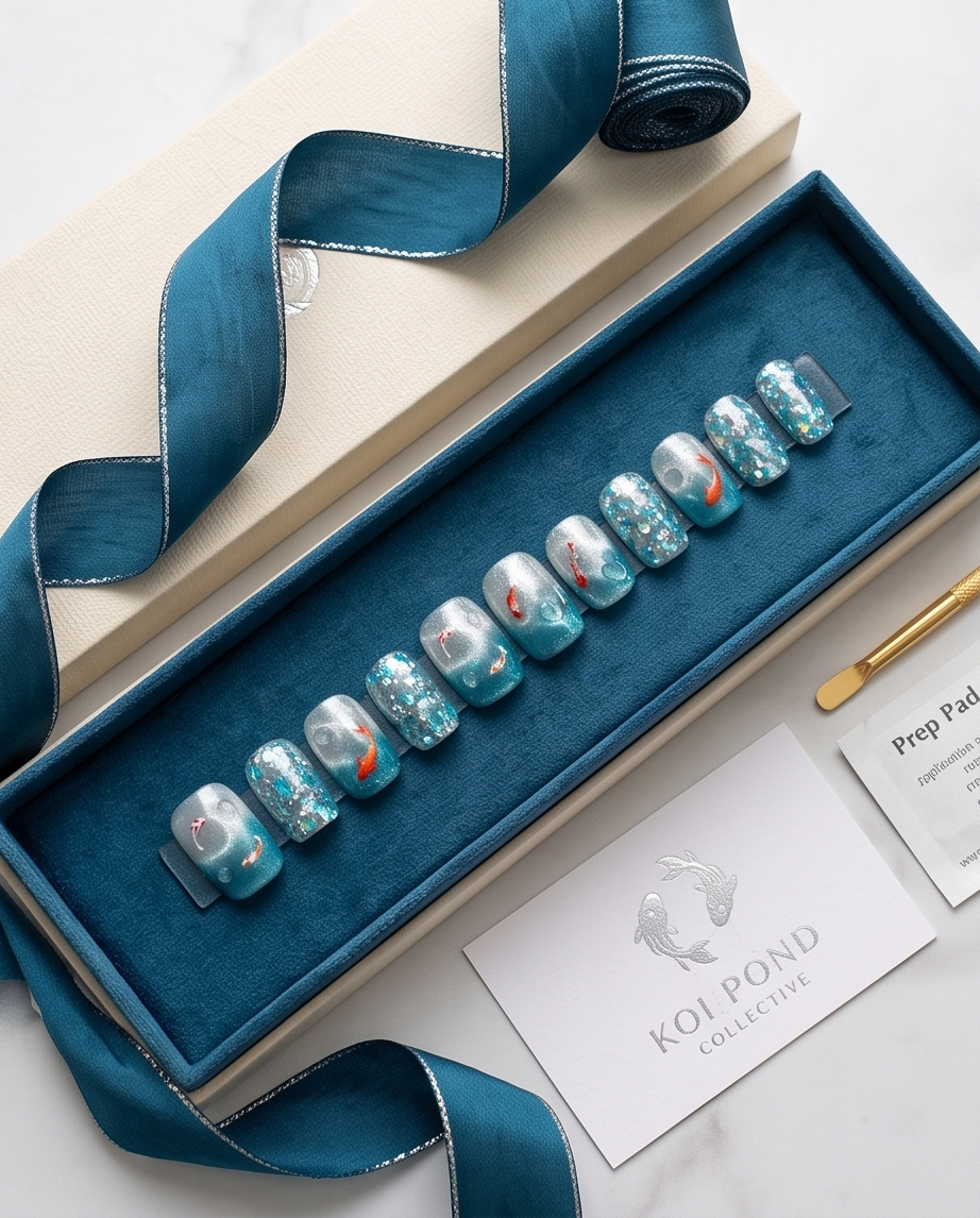 Full set of 10 koi pond glitter press-on nails laid out on white marble slab