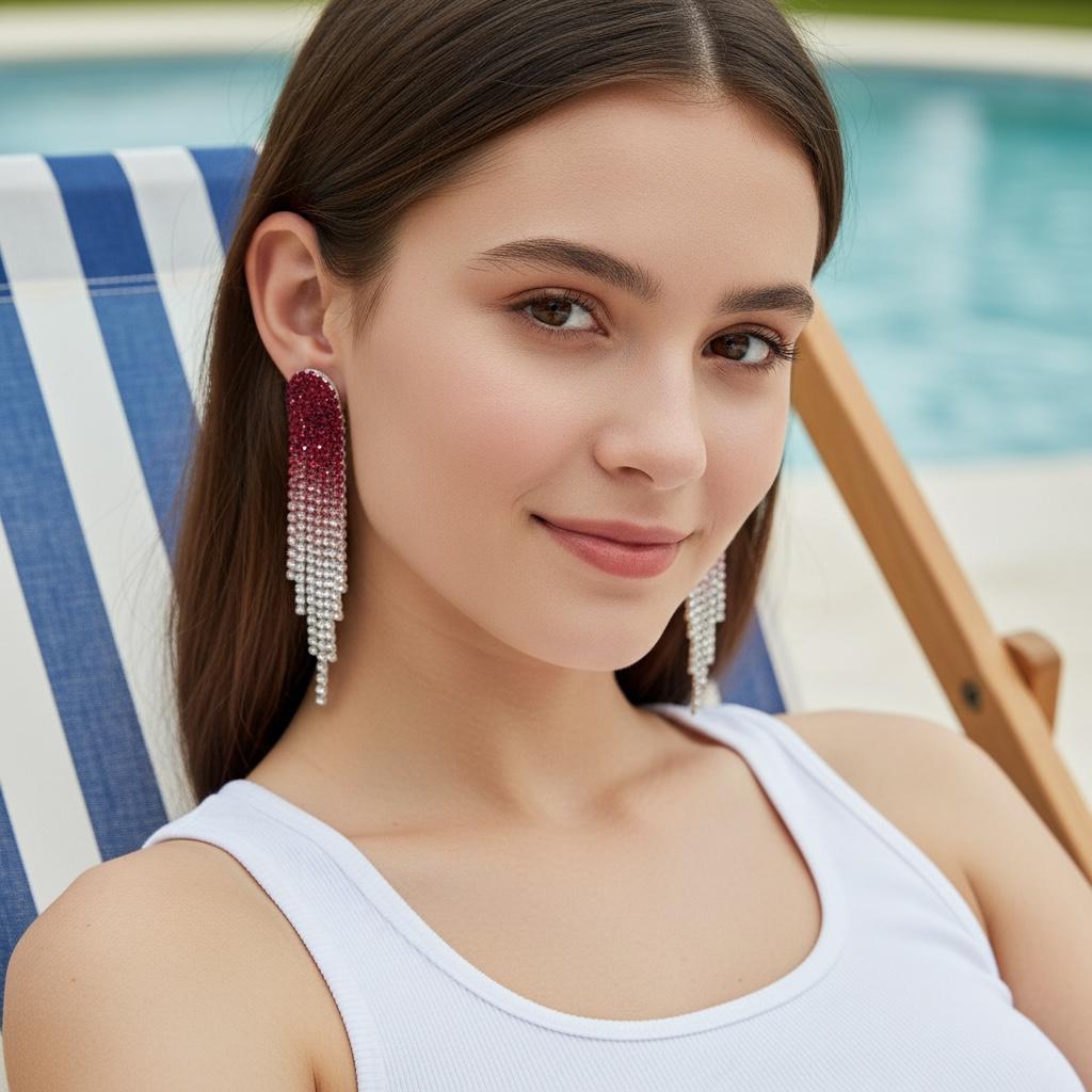 Red Ombré Crystal Tassel Fringe Earrings