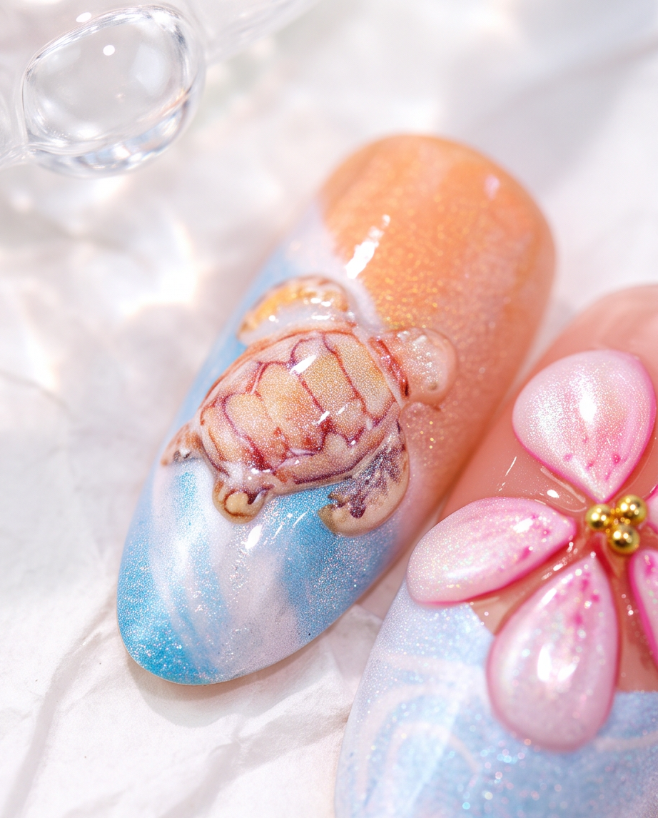 Summer Ocean press-on nails worn on hand holding blue cocktail at beach