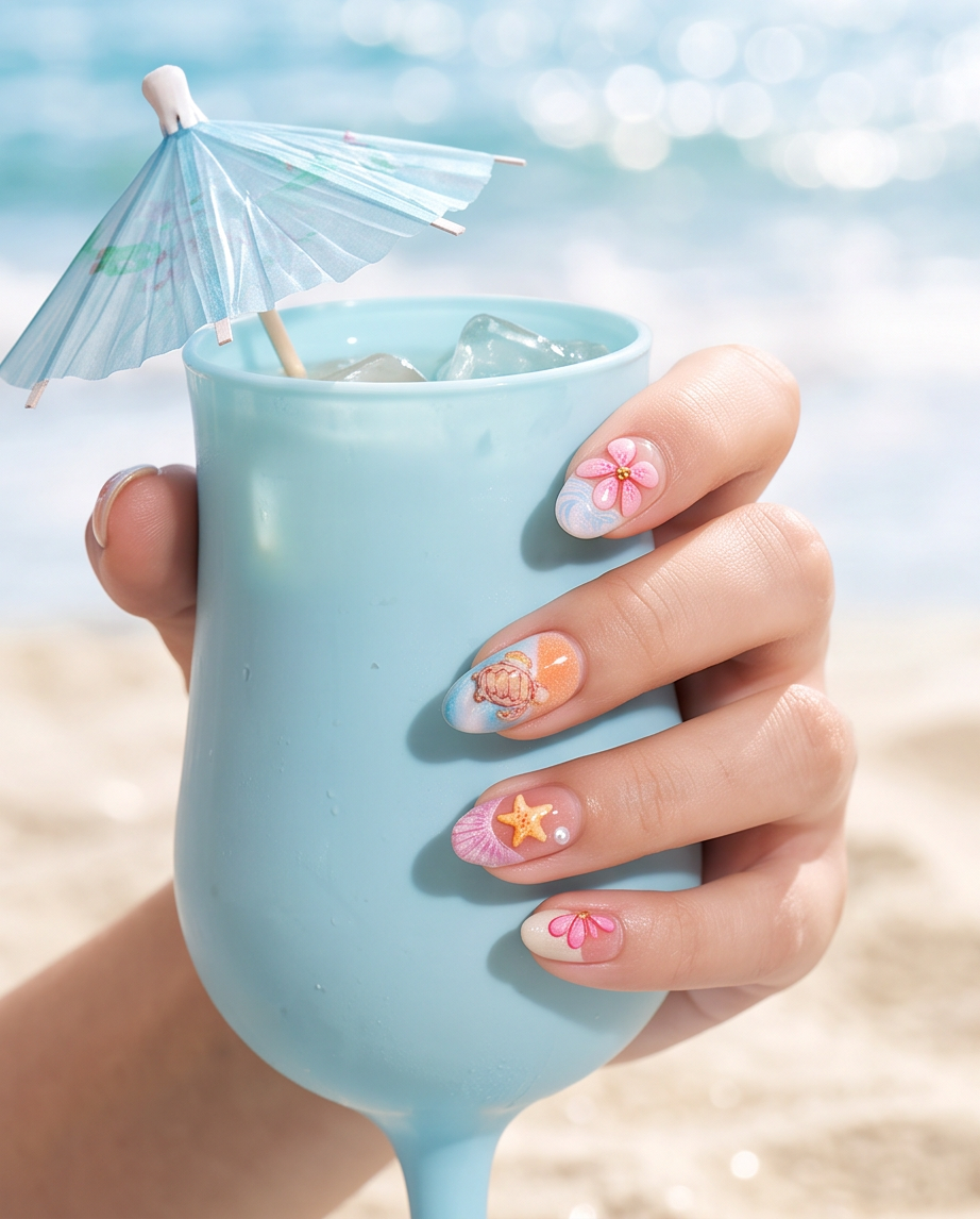 Summer Ocean press-on nails close-up macro detail showing sea turtle and cherry blossom