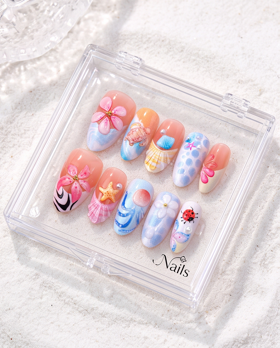 Summer Ocean press-on nails flat lay on white fabric