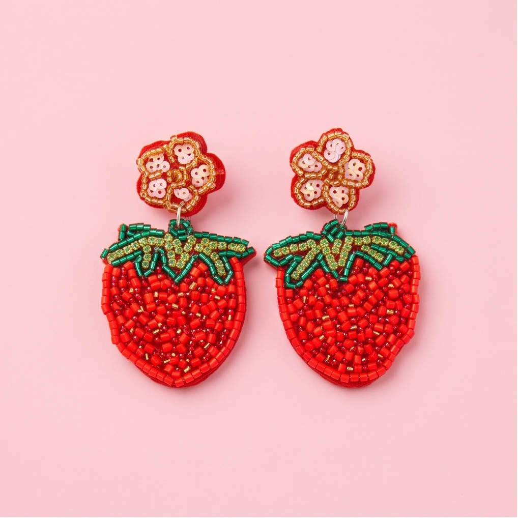 Red strawberry beaded drop earrings in kraft gift box with you're berry special card