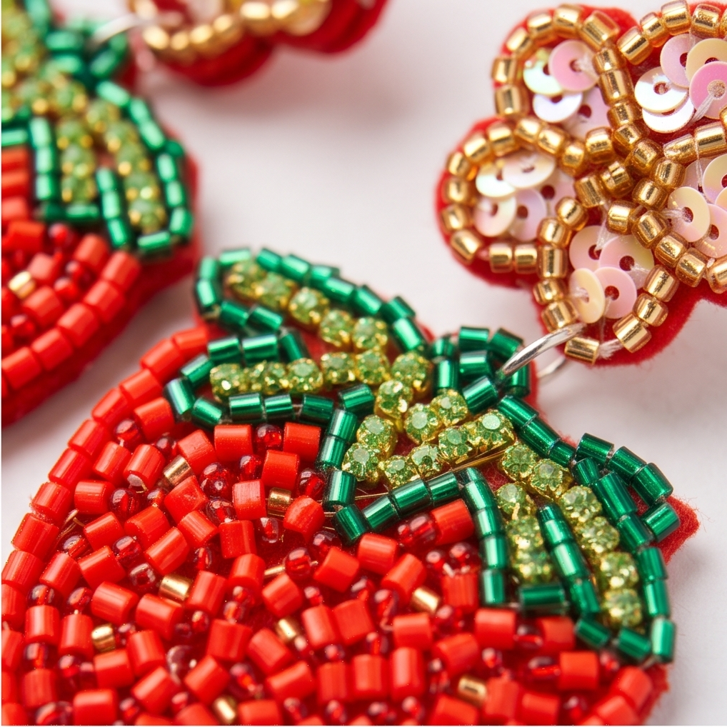 Red strawberry beaded drop earrings styled with sunglasses, white dress and fresh strawberries on marble