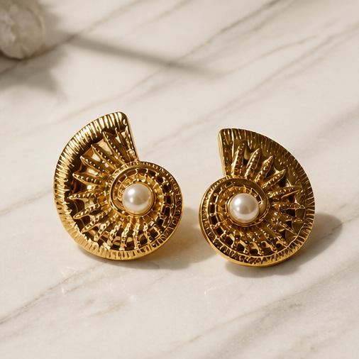 Gold nautilus shell pearl stud earrings on marble surface