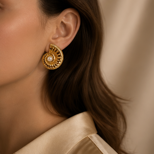 Gold nautilus shell pearl stud earrings product shot