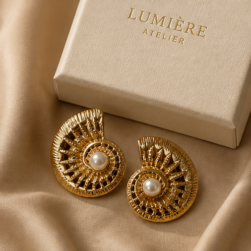 Close-up detail of gold nautilus shell pearl stud earring