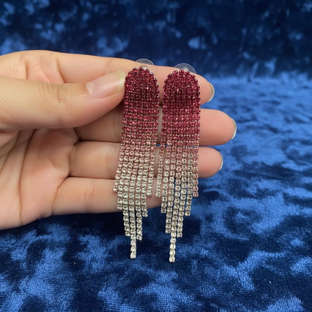 Red Ombré Crystal Tassel Fringe Earrings