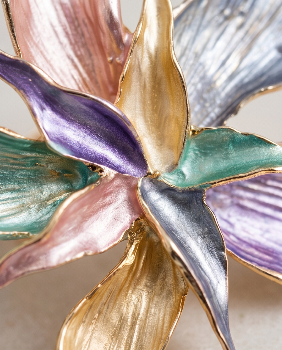 Macro close-up of multicolour enamel petals in blush, lilac, sage and gold tones