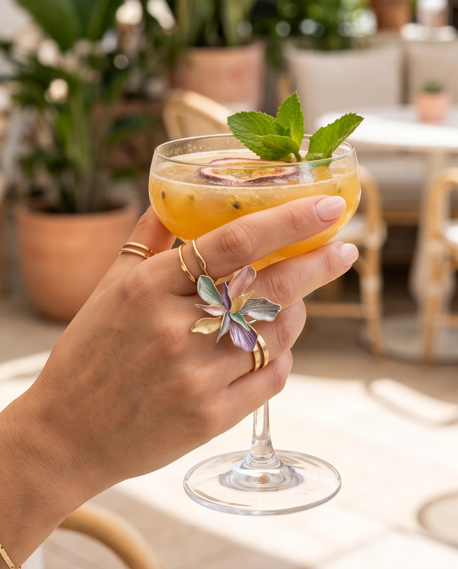 Model wearing multicolour enamel orchid flower cocktail ring holding cocktail glass at garden party