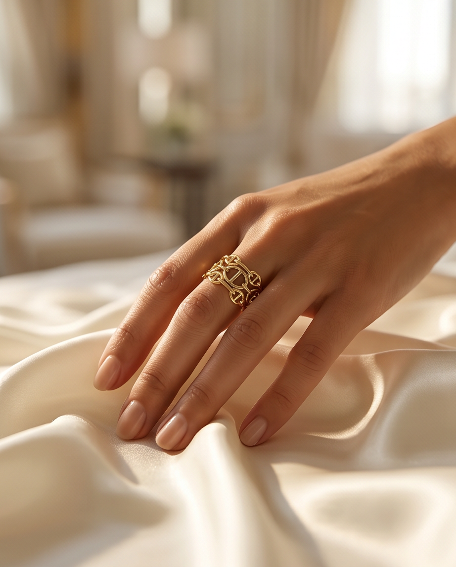 Gold chain link cuff ring on stone surface in sunlight