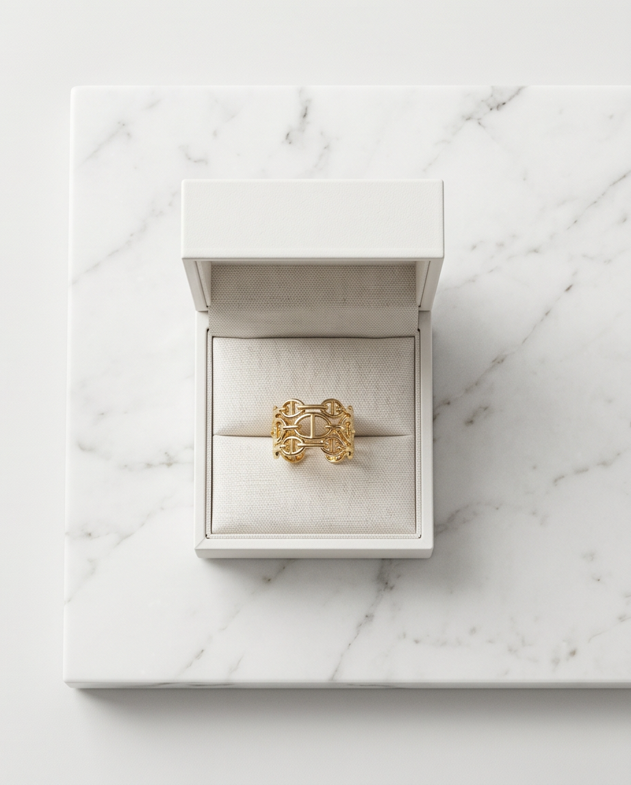 Gold chain link cuff ring in white jewellery box on marble