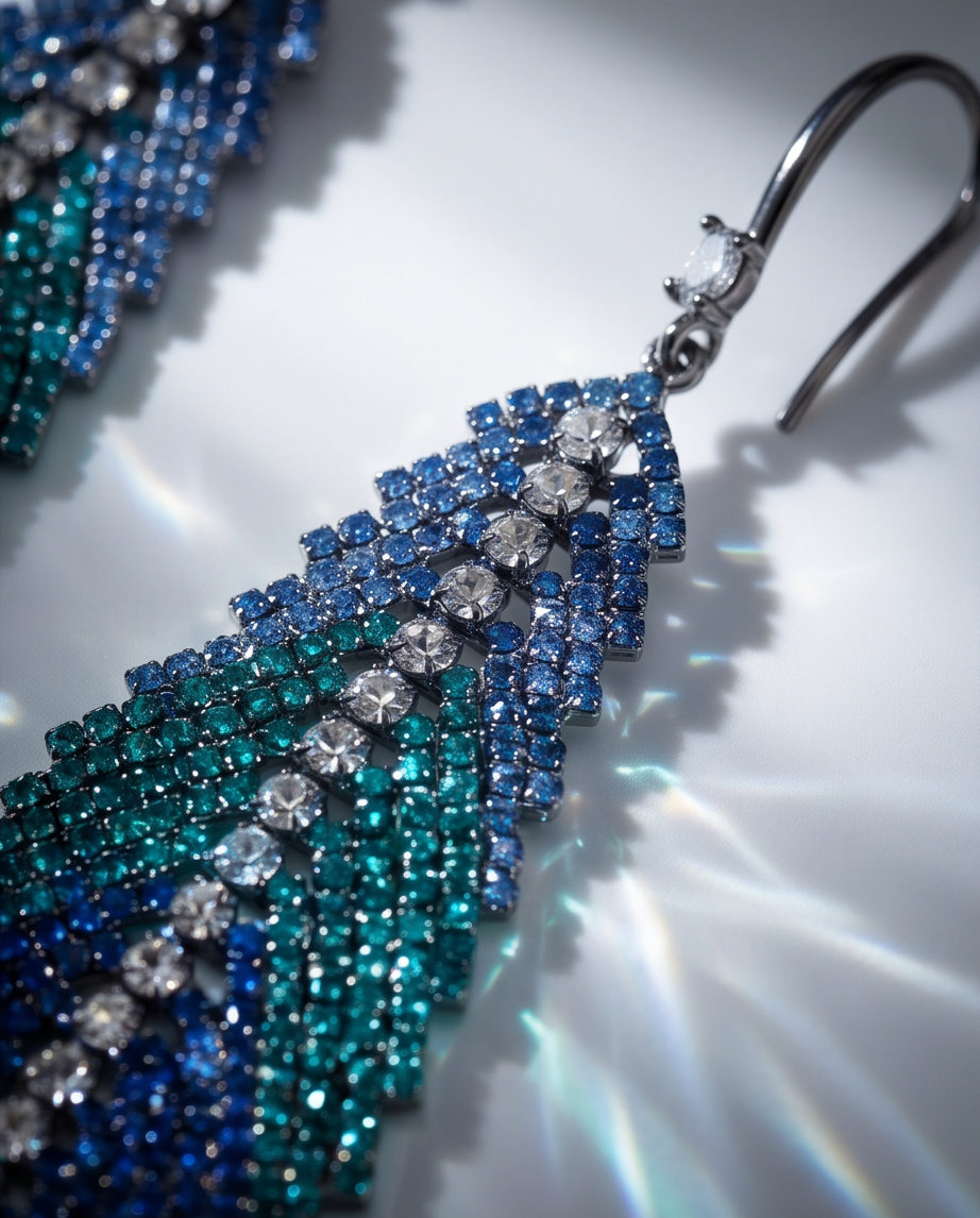 Ocean Ombre Crystal Feather Drop Earrings worn by model — side profile close-up