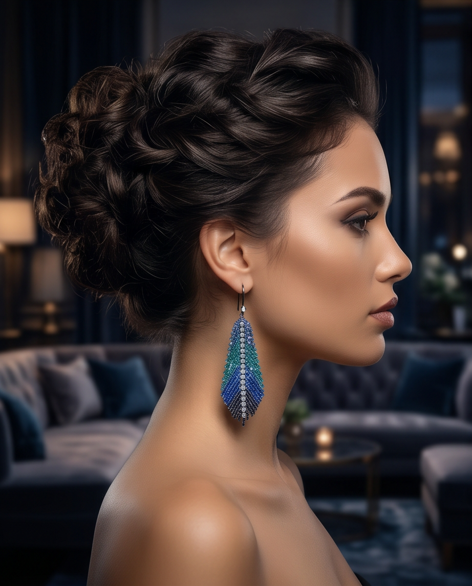 Ocean Ombre Crystal Feather Drop Earrings — macro close-up showing crystal detail and rhinestone spine