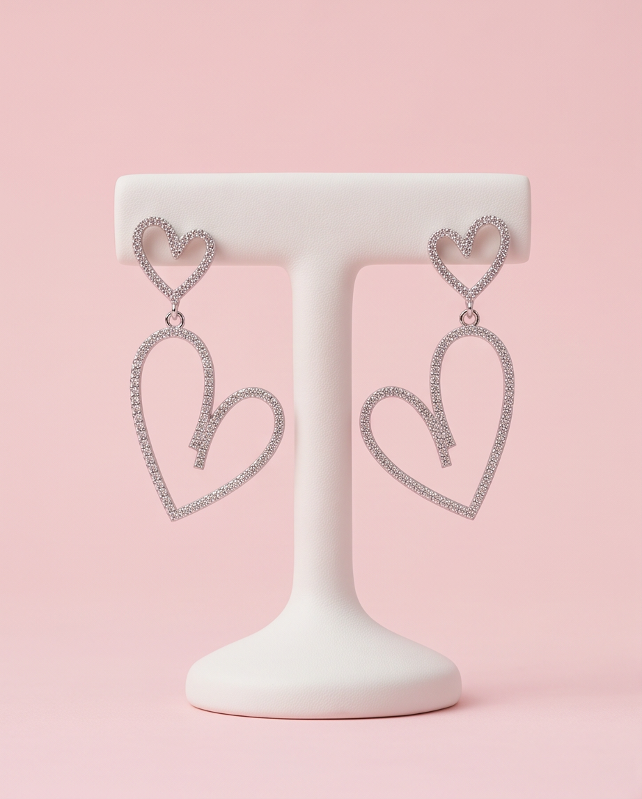 Double Heart Crystal Drop Earrings - satin flat lay with gift box