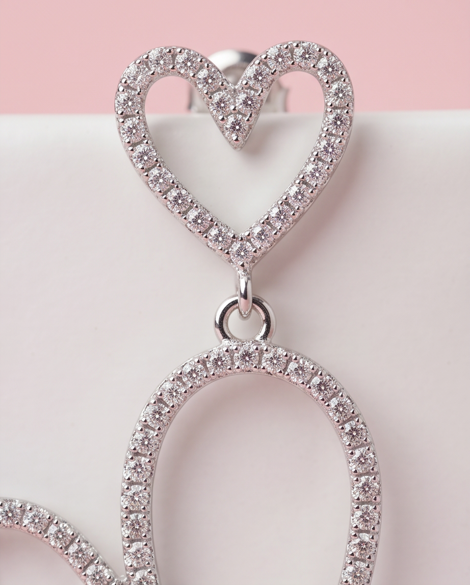 Double Heart Crystal Drop Earrings - lifestyle model wearing earrings