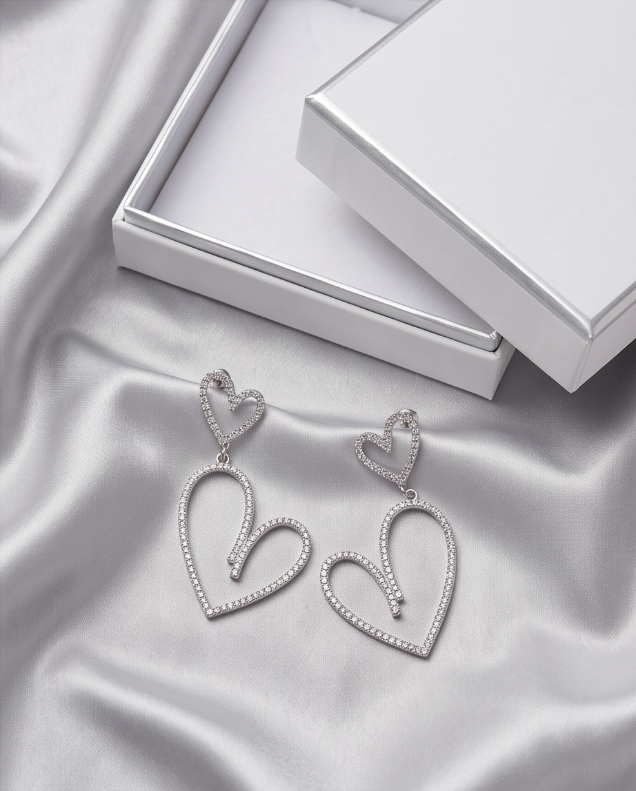 Double Heart Crystal Drop Earrings - close up crystal detail