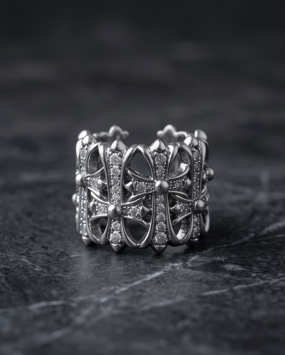 Silver Gothic Cross Lattice Wide Band Ring on dark marble surface