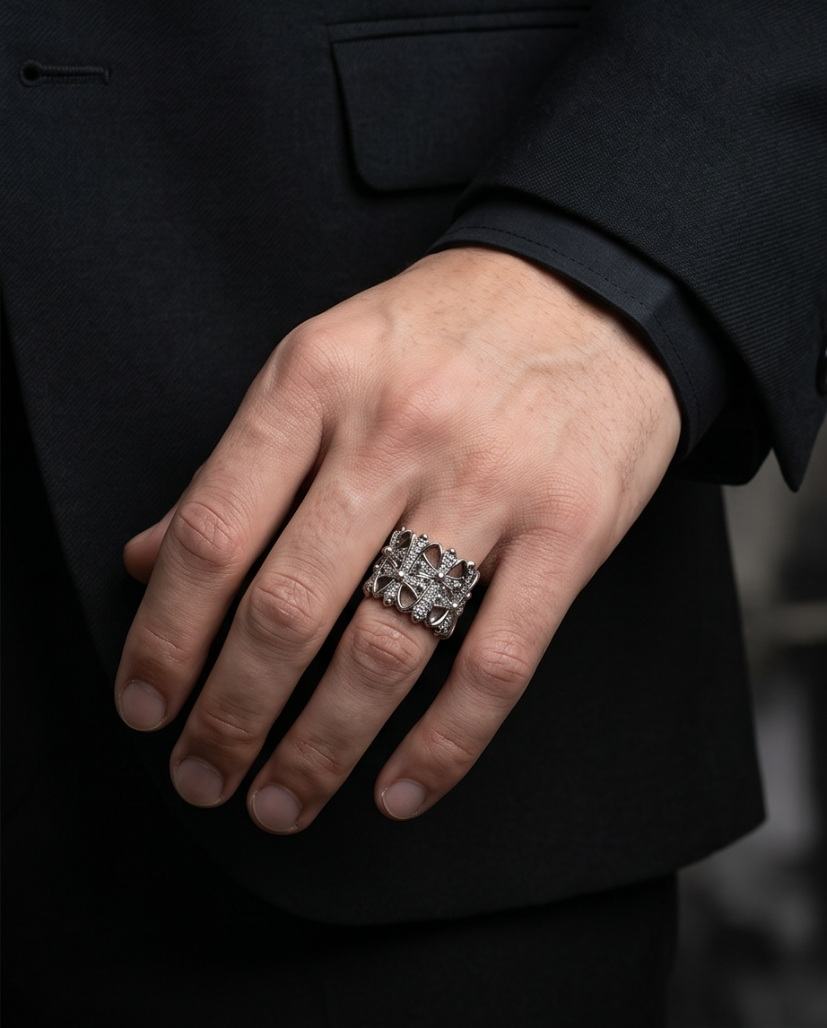 Silver Gothic Cross Lattice Wide Band Ring macro close-up showing pavé crystal and cross detail