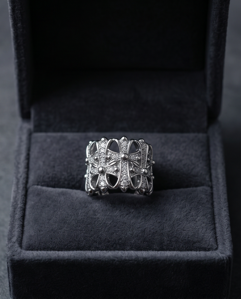Silver Gothic Cross Lattice Wide Band Ring presented in dark grey velvet gift box