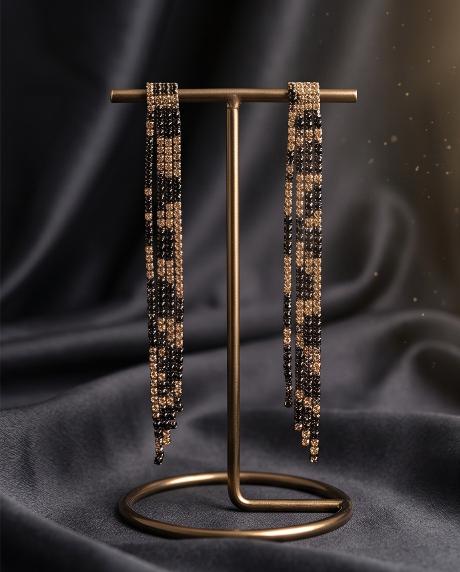 Black and gold crystal fringe drop earrings worn by model at candlelit dinner