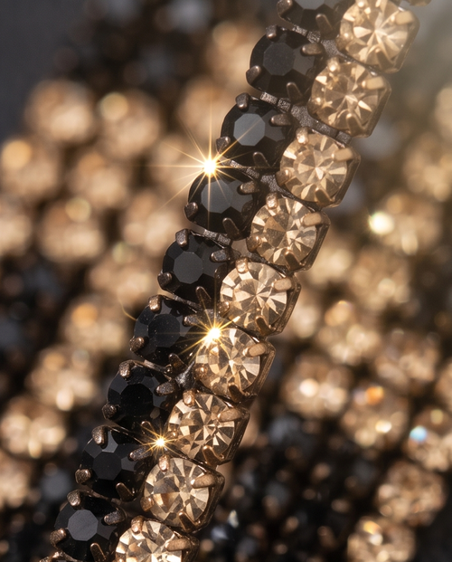 Black and gold crystal fringe drop earrings on gold display stand against dark silk
