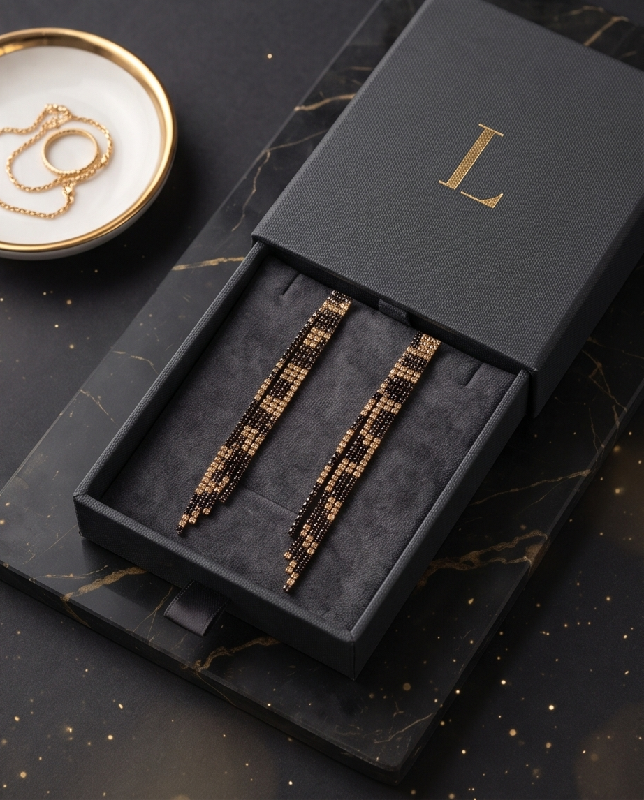 Black and gold crystal fringe drop earrings in luxury black gift box
