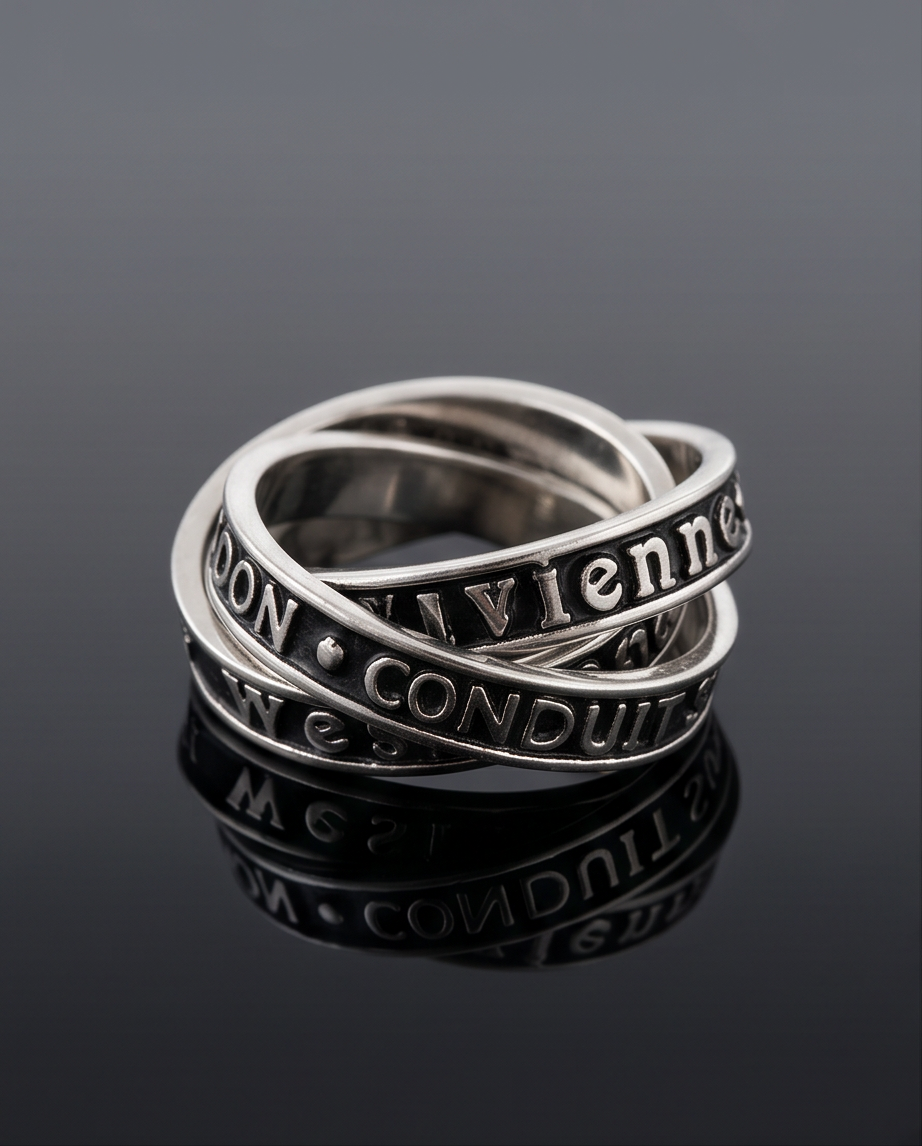 Silver triple interlocking engraved band ring on dark reflective surface