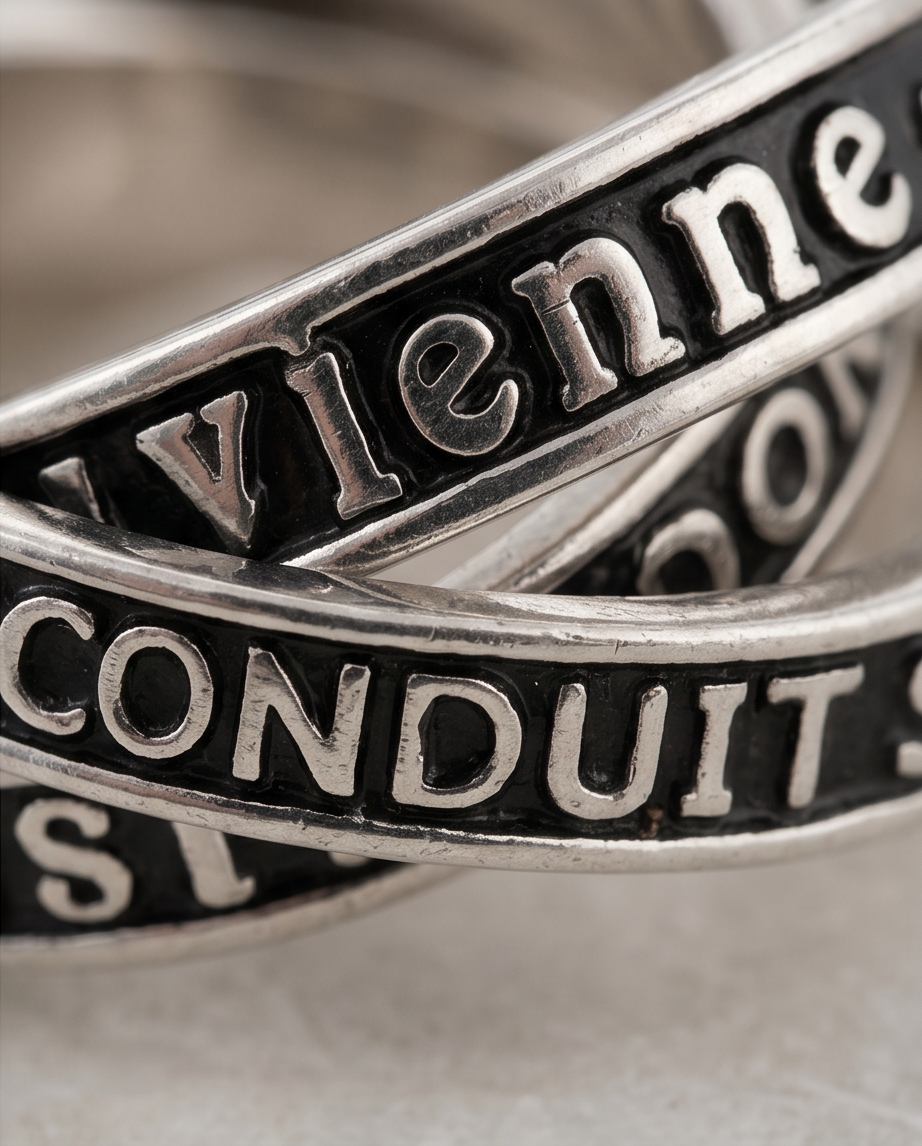 Macro close-up of raised engraved lettering on oxidised silver interlocking bands