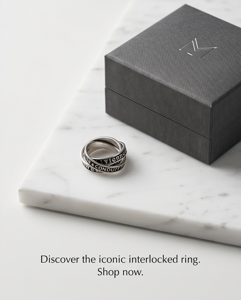 Silver triple interlocking engraved band ring on marble beside grey gift box