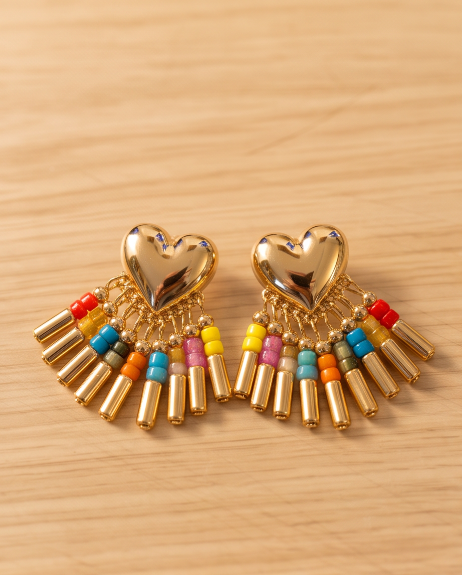Gold Puffed Heart Rainbow Beaded Fringe Earrings