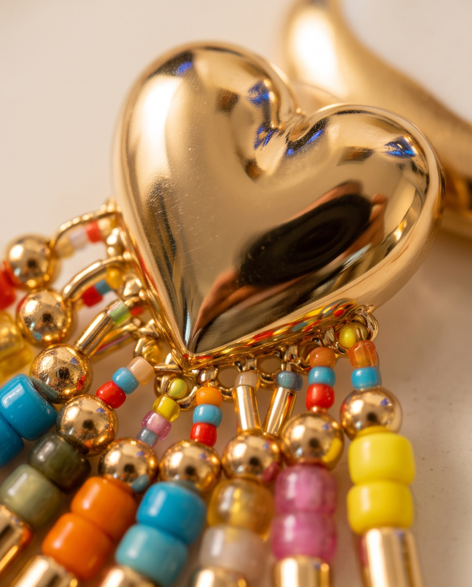 Gold Puffed Heart Rainbow Beaded Fringe Earrings